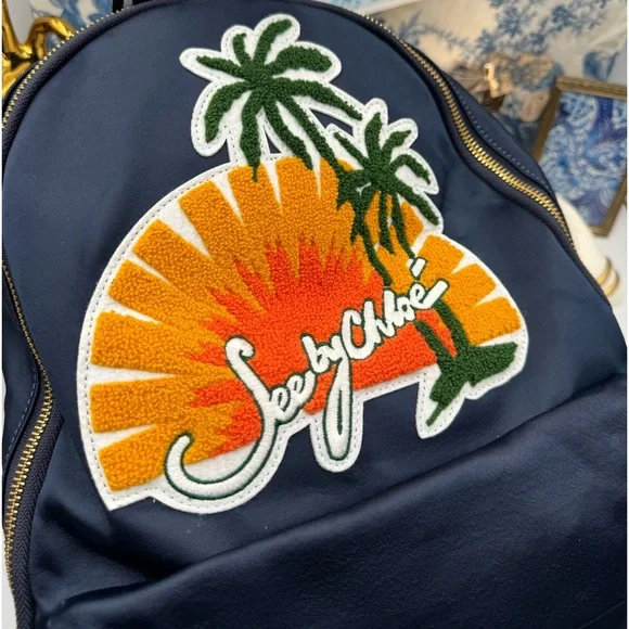 🆕 SEE BY CHLOE 🧿 NWT Blue Satin Palm Trees Decal Backpack - Picture 8 of 16